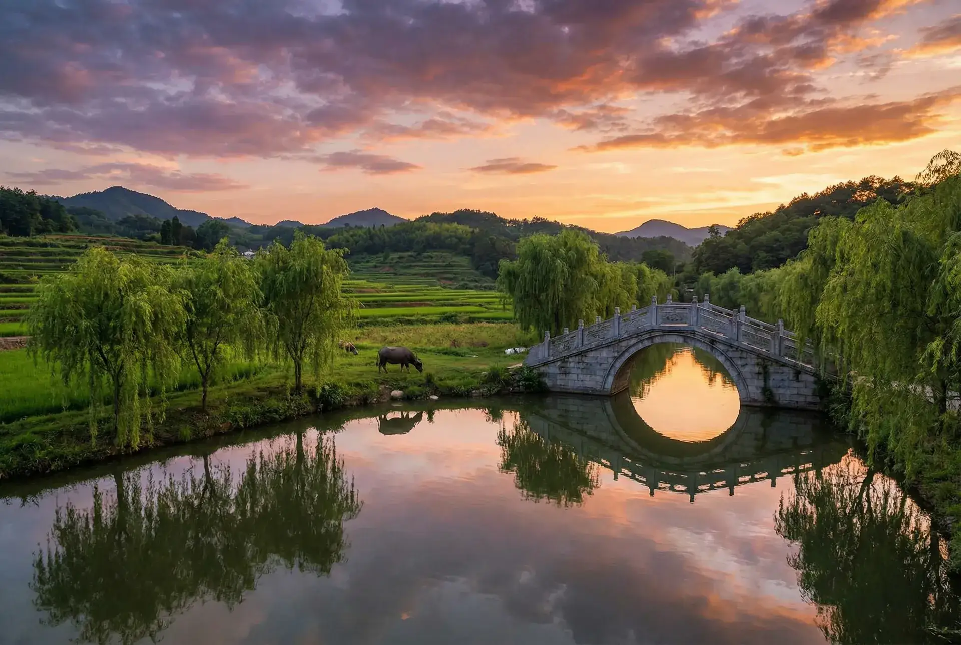 夕阳下的石拱桥与垂柳，水牛在河边吃草 - 办公室在线观看完整版 乡村美景